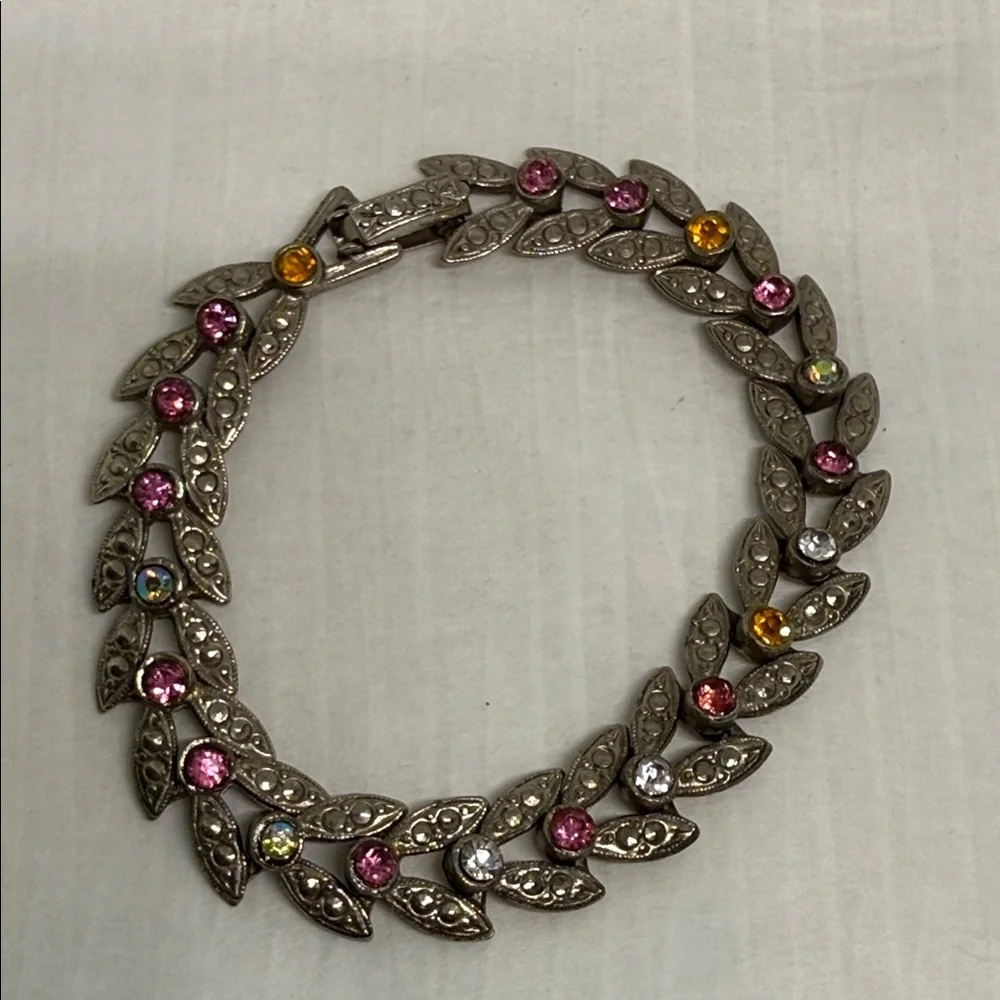 Gorgeous Multicolor Leaf Design rhinestone bracelet hot pink Aurora Borealis yum